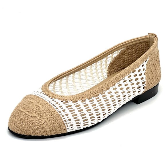 CHANEL REV CC Raffia Crochet Woven Two Tone Cap Toe Ballerina Ballet Flats - Picture 1 of 14